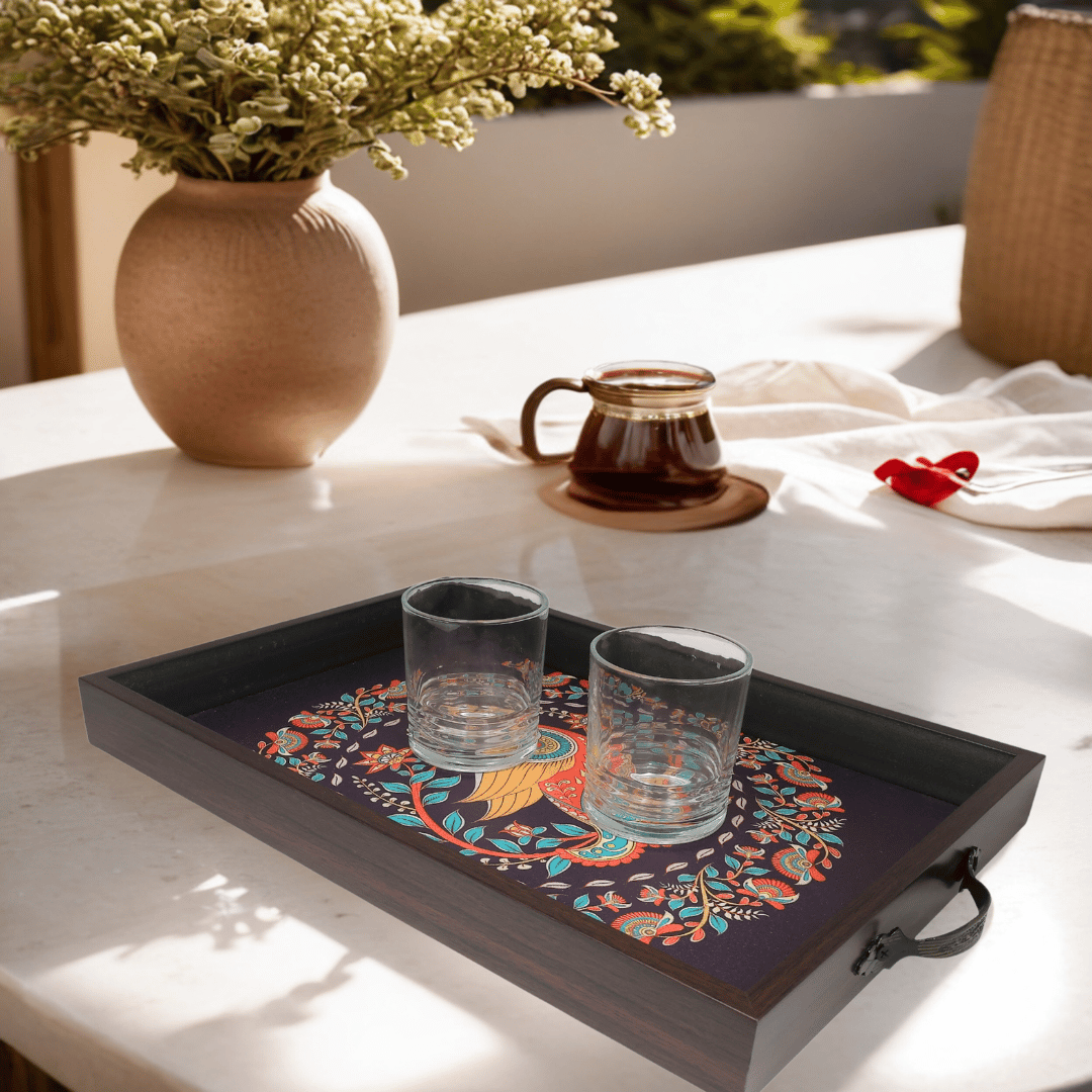 Elegant Kalamkari Print Rectangular MDF Serving Tray | Stylish & Durable Tray for Home & Dining Decor-Kalamkari