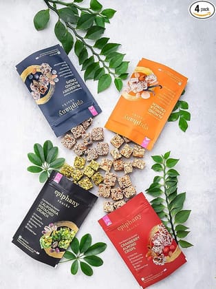 Epiphany Snacks Dry Fruits Chikki Snacks No Added Suguar Healthy Snack Pack of 4 Almond , Pistachio, Almond Vanilla and Cranberry Snacks