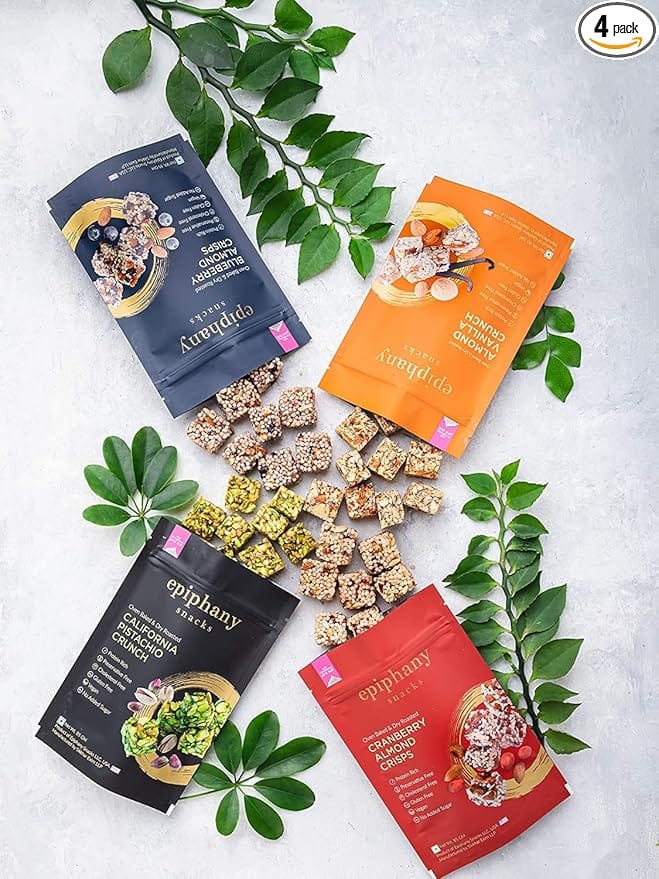 Epiphany Snacks Dry Fruits Chikki Snacks No Added Suguar Healthy Snack Pack of 4 Almond , Pistachio, Almond Vanilla and Cranberry Snacks