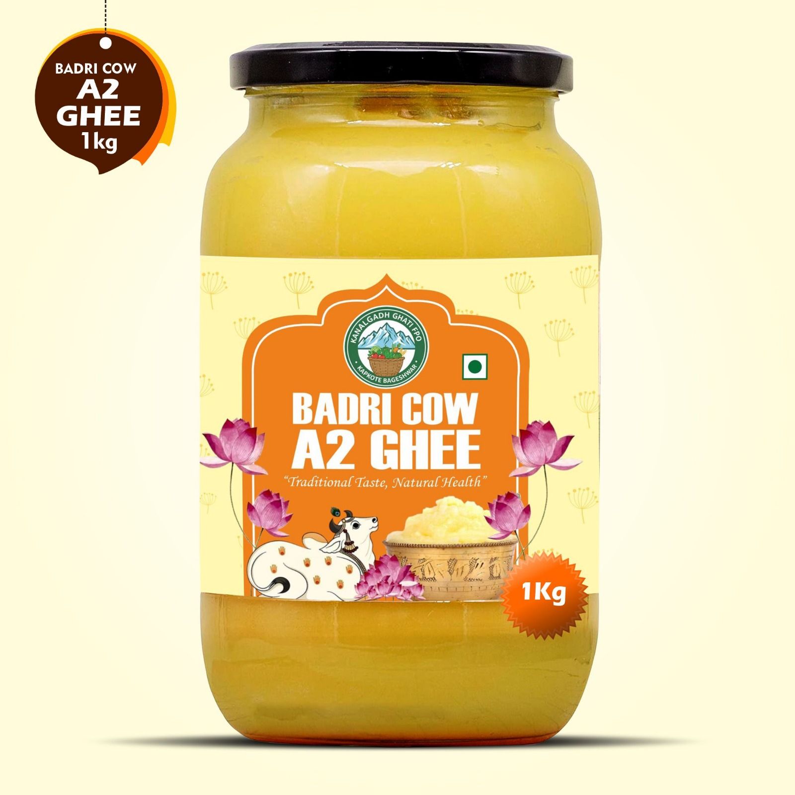 Pure Desi Badri Cow Ghee (Cow Ghee) – 1 Kg | Homemade, A2 Gir Cow Milk | 100% Pure & Unmixed | A2 Milk | Glass Jar