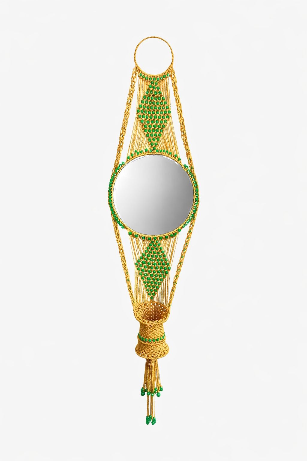 Handcrafted Macrame Wall Hanging Mirror with Gold and Green Bead Accents