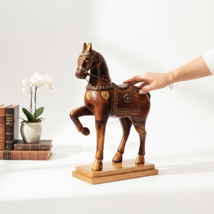 Indian Wooden Horse Showpiece Table Decor | Dark Brown