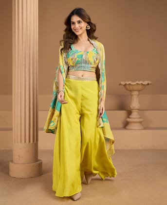 Latest Parrot Green Floral Printed Fancy Indo-Western for Women (Wedding Wear)