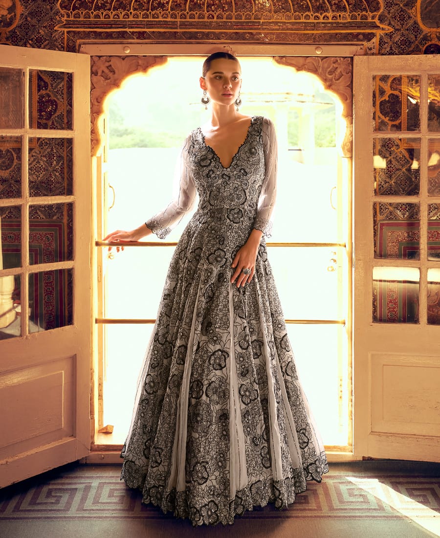 Party Wear Off-White Georgette Anarkali Gown for Women