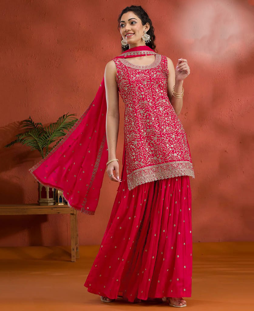 Designer Red Georgette Sharara Suit for Women