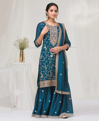 Latest Teal Blue Vichitra Silk Straight Suit for Women