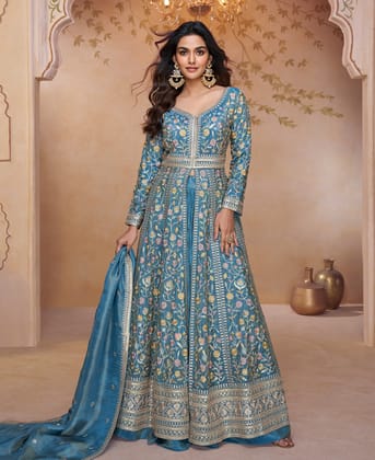 Sky Blue Simmer Silk front Slit Anarkali Suit for Women