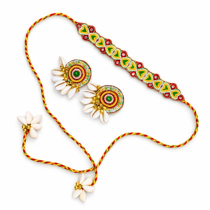 Handmade Multi-Color Beaded Rakhi with Cowrie Shell Earrings Set Handmade Multi-Color Beaded Rakhi with Cowrie Shell Earrings Set