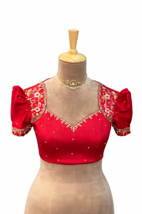 Red Embroidered Silk Puffed Sleeve Blouse Red Embroidered Silk Puffed Sleeve Blouse