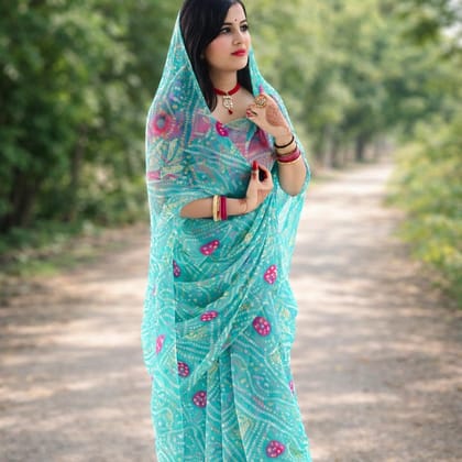 Sky Blue Bandhani Print Chiffon Saree Sky Blue Bandhani Print Chiffon Saree