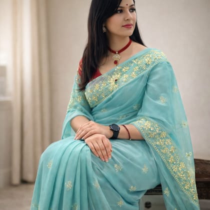 Light Blue Chiffon Saree with Gold Floral Embroidery Light Blue Chiffon Saree with Gold Floral Embroidery