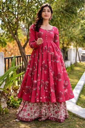Dark Pink Floral Printed Cotton Anarkali Kurta with Skirt for Women Dark Pink Floral Printed Cotton Anarkali Kurta with Skirt for Women