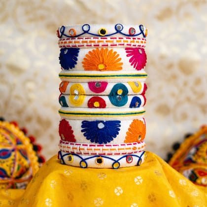 Vibrant Thread Embroidered & Mirror Work White Bangles Set