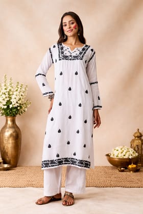 Women's White Embroidered Cotton Kurta with Palazzos Women's White Embroidered Cotton Kurta with Palazzos