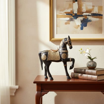 Black Colored Coated, Designed Brass Fitted Antique Wooden Furniture Horse