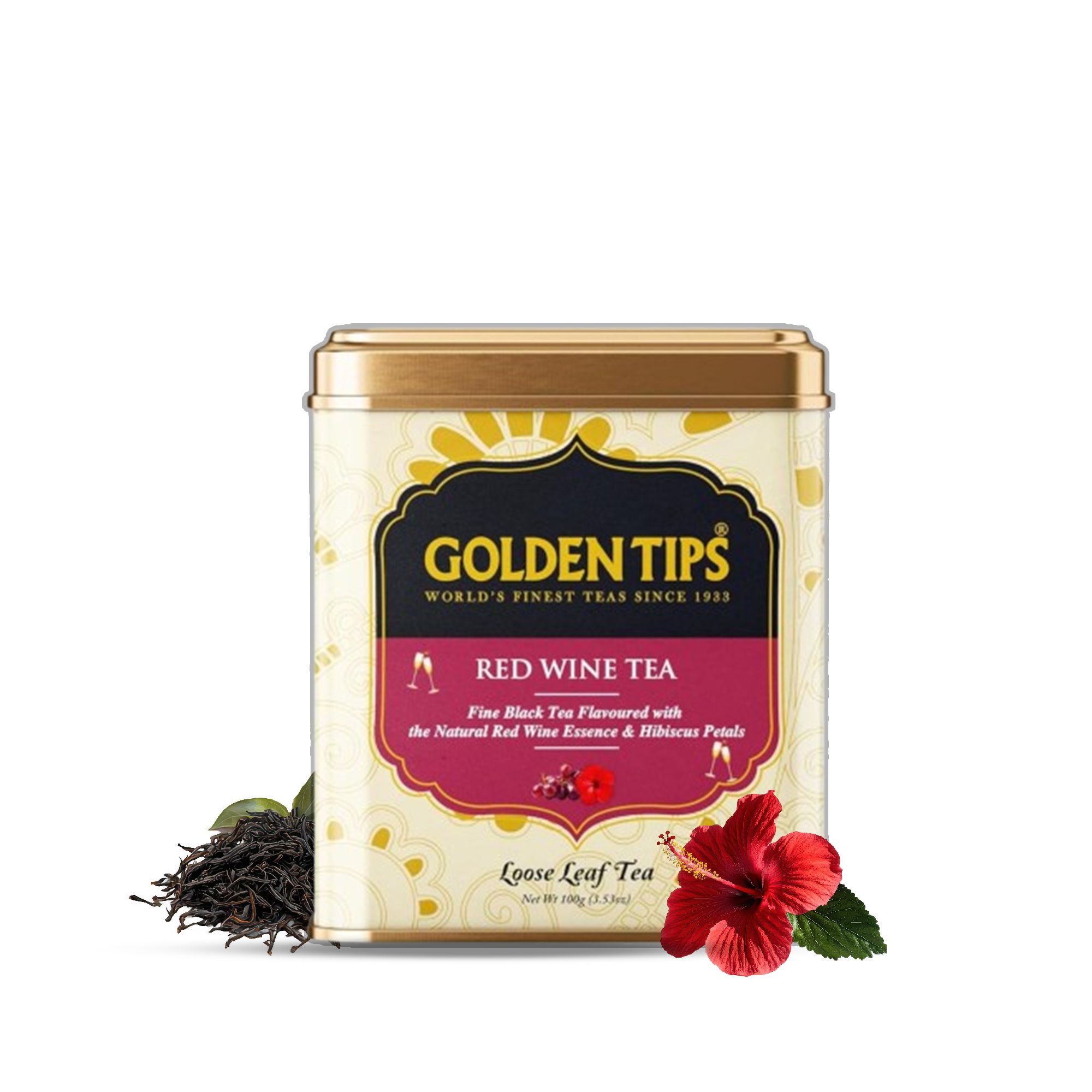 Golden Tips Red Wine Tea Loose Leaf Black Tea with Red Wine Essence, Hibiscus, Fruity & Floral Smooth, Aromatic Drink Enjoyed Hot or Cold (100 Gram- 50 Cups)