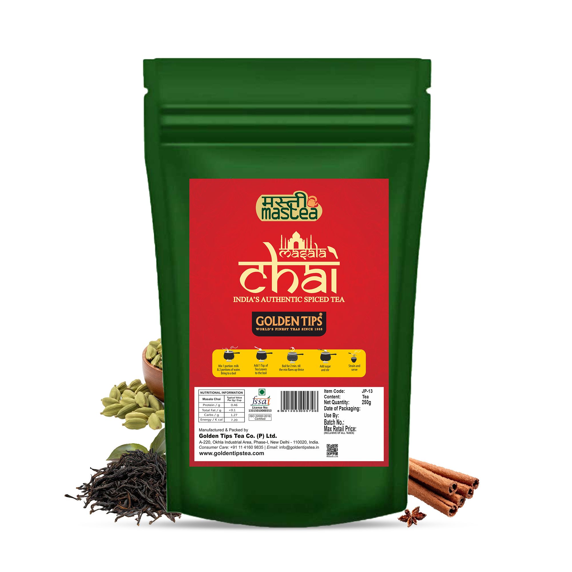 Golden Tips Indian Masala Chai, Loose Leaf Black Tea with Green Cardamom & Cinnamon, Spiced Tea Blend, Bold & Aromatic Flavor, Traditional Indian Chai (200 Gram, 100 Cups)