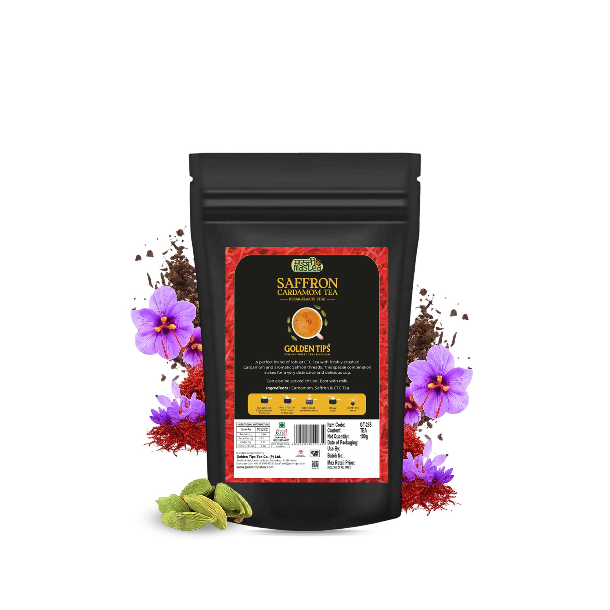 Golden Tips Saffron(Kesar) Cardamom (Elaichi) Exotic Indian Masala Chai CTC Black Tea (100 Gram, 50 cups)