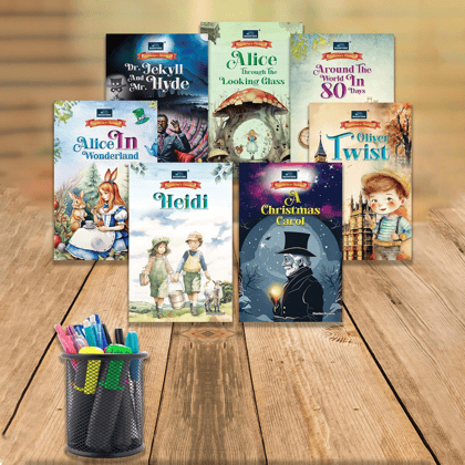 Children's Classics Novel (Set of 7 books)- Alice In Wonderland, Heidi, Around The World 80 Days, Dr. Jykell & Hyde, Oliver Twist, A Christmas Carol & Alice Trough The Looking Grass