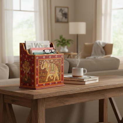 Hand Painted Solid Wood Newspaper Holder | Storage Furniture | Multicolor | 34 x16 x 39 cm