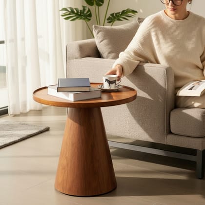 Modern Round Wooden Side Table with Conical Base for Living Room
