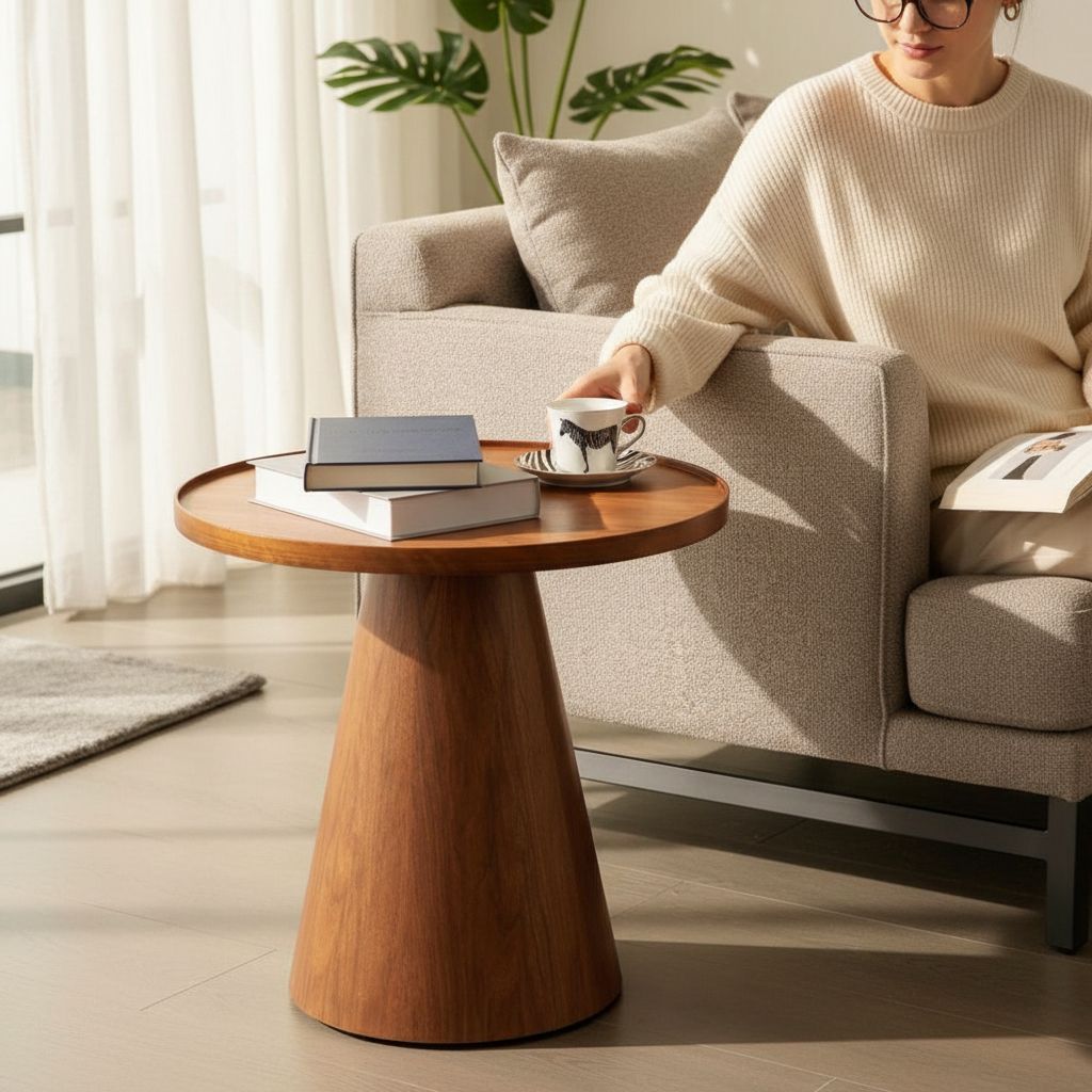 Modern Round Wooden Side Table with Conical Base for Living Room