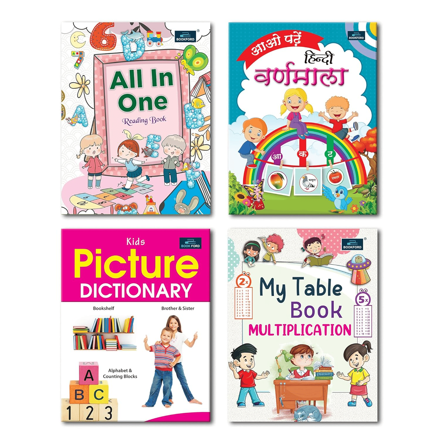 Learning Books For Kids Set Of 4 - All In One Reading Book , My Table Book Of Multiplication , Kids Picture Dictionary And Hindi Varnamala - 1 Year To 6 Years Kids Hardcover,   