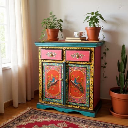 Hand-Painted Multi-Color Wooden Storage Cabinet with Peacock & Floral Motifs