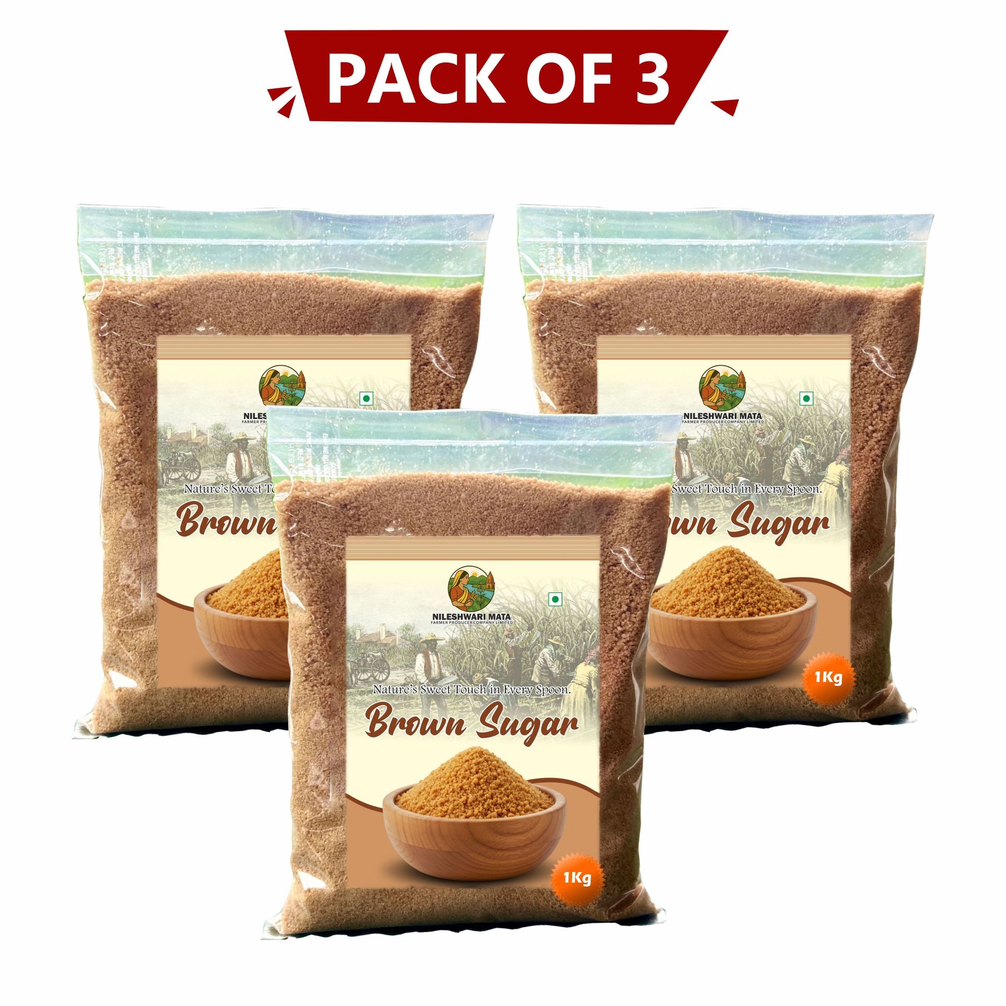 Brown Sugar 1 Kg Pack of 3 By Nileshwari Mata Farmer Producer Company – Unrefined & Natural Sweetener