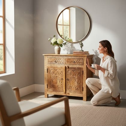 Hand-Carved Wooden Cabinet with Drawers and Doors