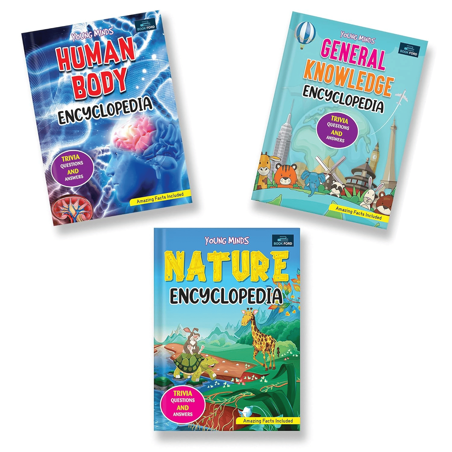 Young Minds Encyclopedia - Set Of 3 Books - General Knowledge, Human Body, And Nature Encyclopedia For Kids