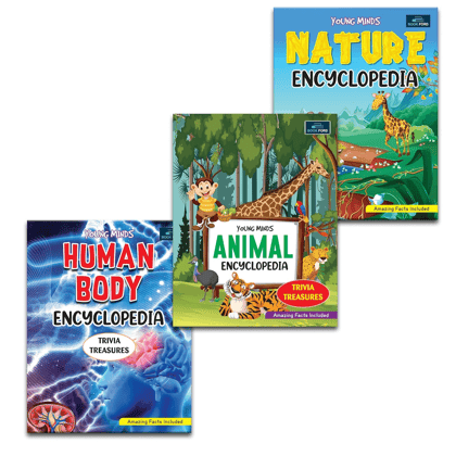 Young Minds Encyclopedia - Set Of 3 Books - Animals , Human Body , And Nature Encyclopedia For Kids 