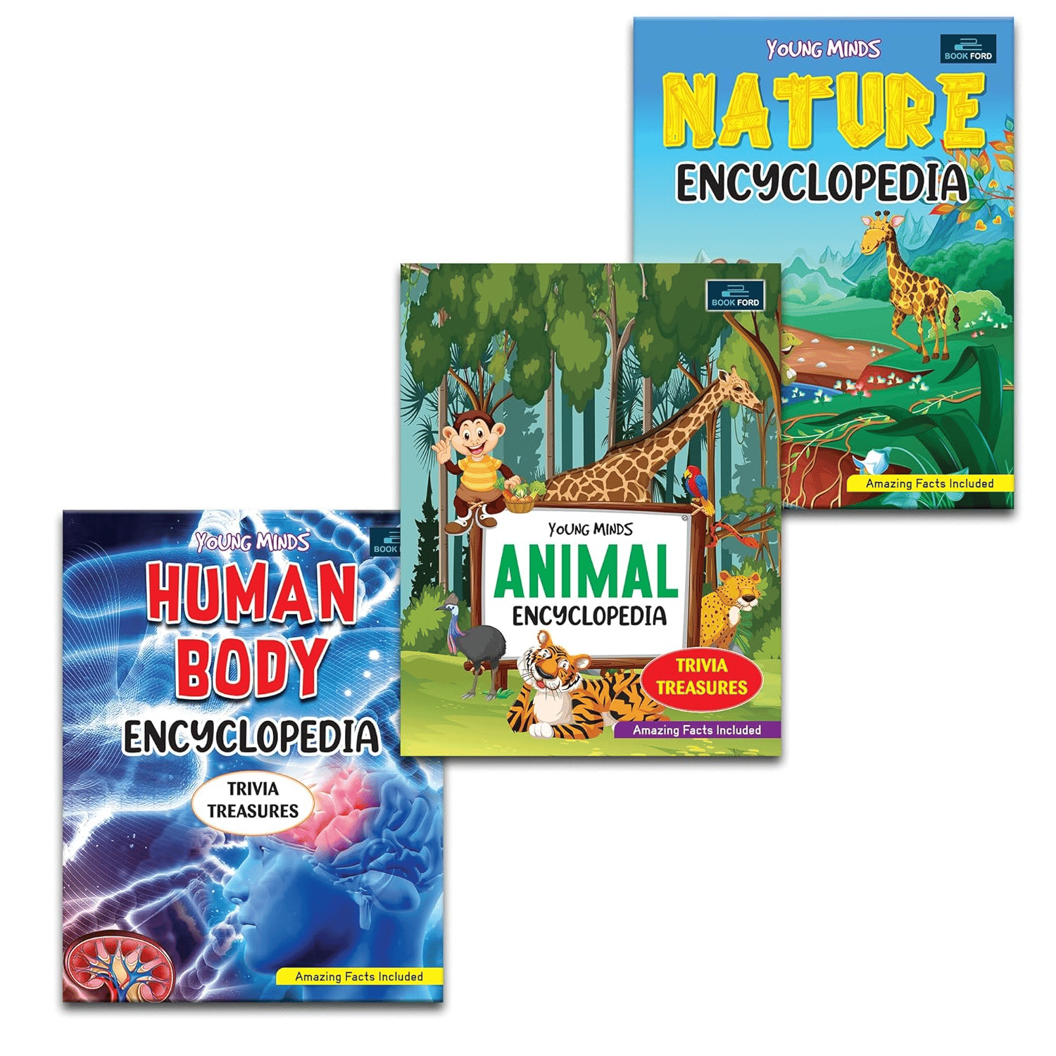 Young Minds Encyclopedia - Set Of 3 Books - Animals , Human Body , And Nature Encyclopedia For Kids 
