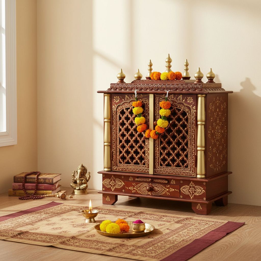 Wooden Painted Brown Pooja Temple Stand For Home
