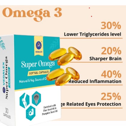 Super Omega Softgel Capsules 1000mg – Natural & Vegetarian Omega 3-6-9 Supplement for Heart, Brain & Joint Health (30 Capsules) (Pack of 1)