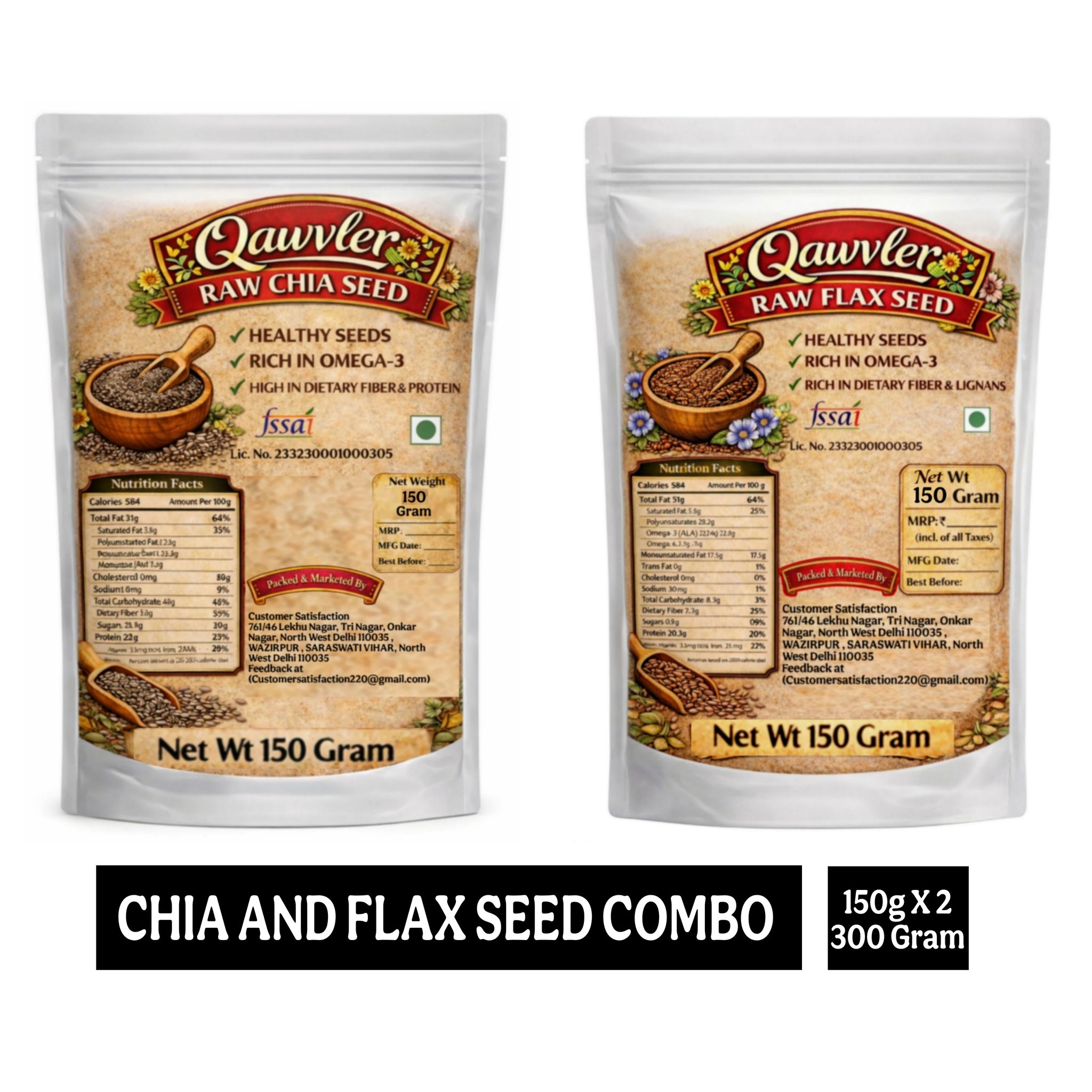 Qawvler Raw Chia Seed and Flax Seed Combo Pack 300 Gram (150 Gram Each) Rich in Omega-3, High in Dietary Fibre and Protein
