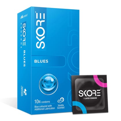 SKORE Blues Vanilla Scented Blue Condoms with Extra Lubrication - 10 Count Box (Pack of 10)