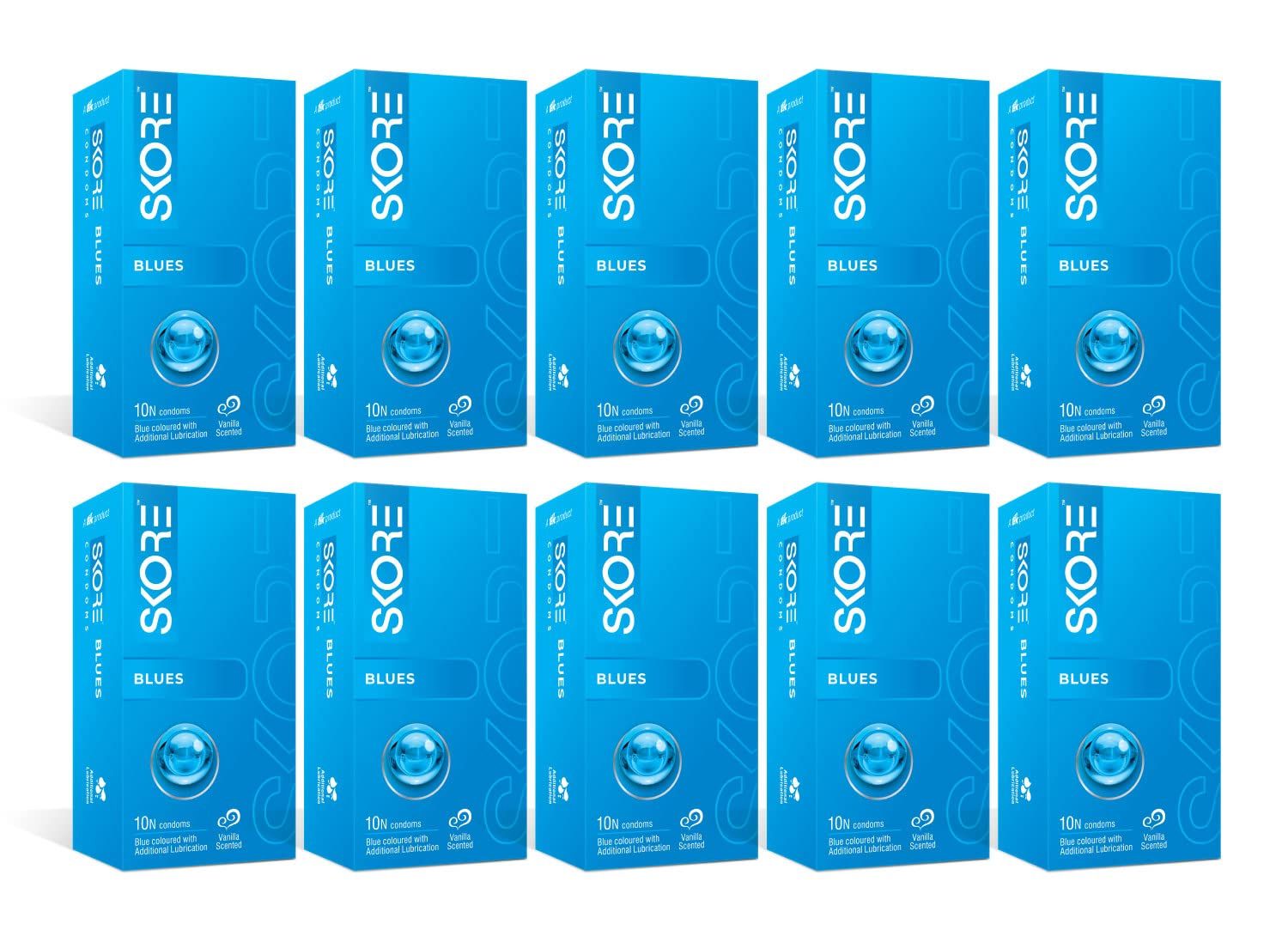 SKORE Blues Vanilla Scented Blue Condoms with Extra Lubrication - 10 Count Box (Pack of 10)