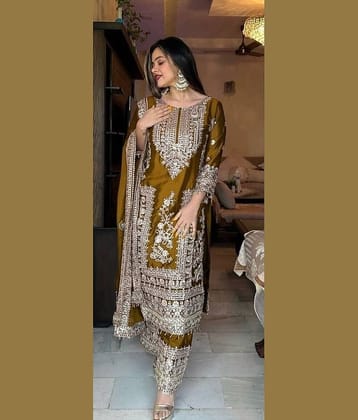 piludi Women Silk Blend Embroidered Straight Kurti With Pants ( Mustard )