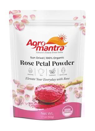 Agro Mantra USDA Organic Rose Petal Powder | 100% Sun-Dried & Edible Grade | For Tea, Smoothies, Baking, Therapy & Skincare | Non-GMO, Vegan, Gluten-Free |50g