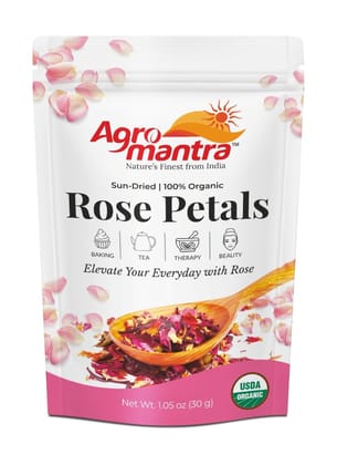 Agro Mantra Organic Dried Rose Petals, Edible Rose Petals for Tea, 100% Sun Dried Edible Flowers for Baking, Bath & Skincare - Vegan, Non-GMO - 30g