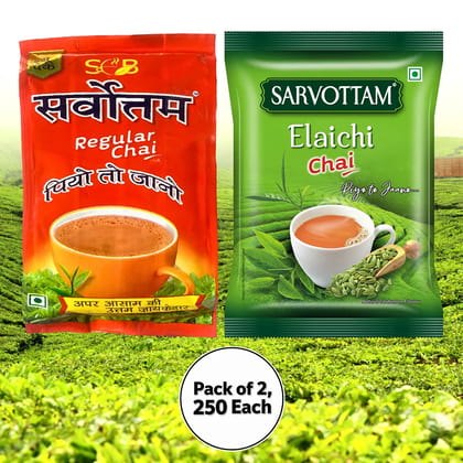 Sarvottam Regular & Elaichi, Premium Cardamom Flavoured Combo Tea Pack, 500g (Pack of 2, 250g each)