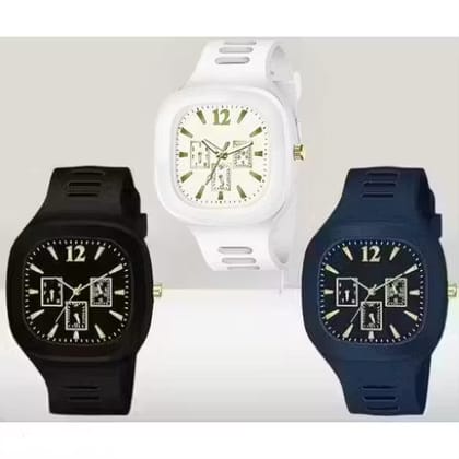 Waterproof Lettest Fashionable Square Dial Silicon Strap Analog Watch Combo For Boys/ Men- Pack 3