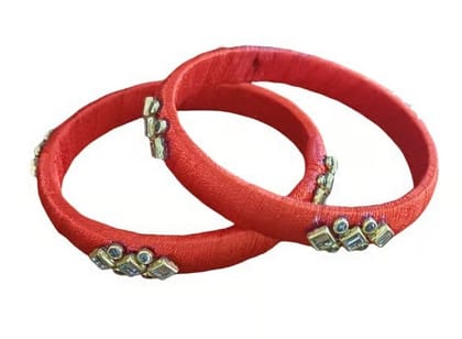 Vibrant Red Silk Thread Bangles with Stone Embellishments 
