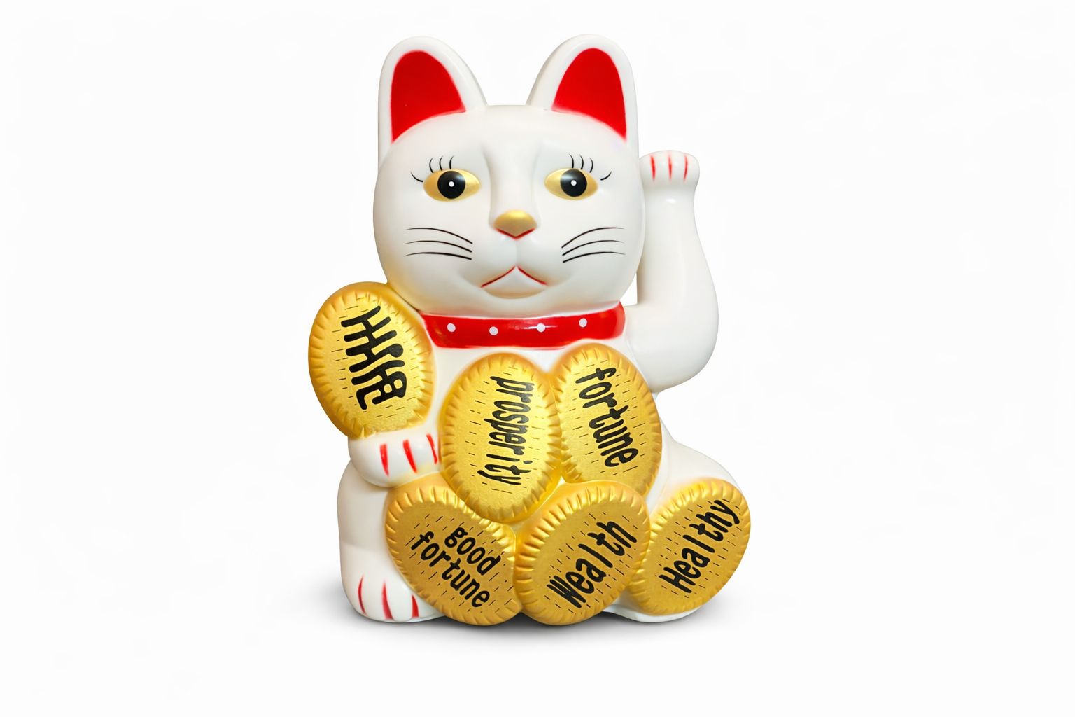 Ahina Feng Shui Lucky Cat Maneki Neko Figurine, White with Golden Coins, Wealth and Good Luck Showpiece for Home and Office Decor