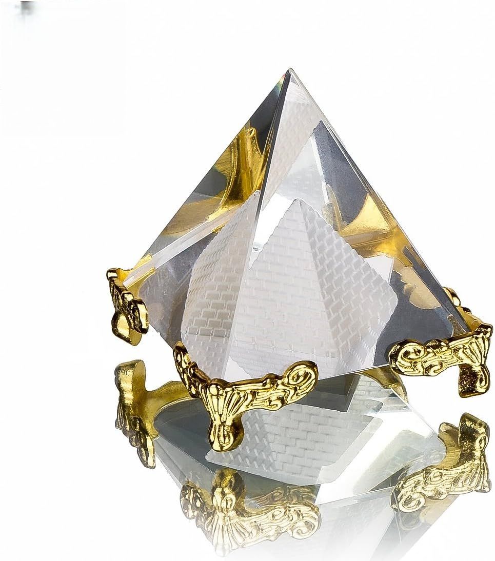 Ahina Pyramid Prism Paperweight 2.4"- Meditation Crystals Home Art Decor Feng Shui for Prosperity Positive Energy with Gold Stand