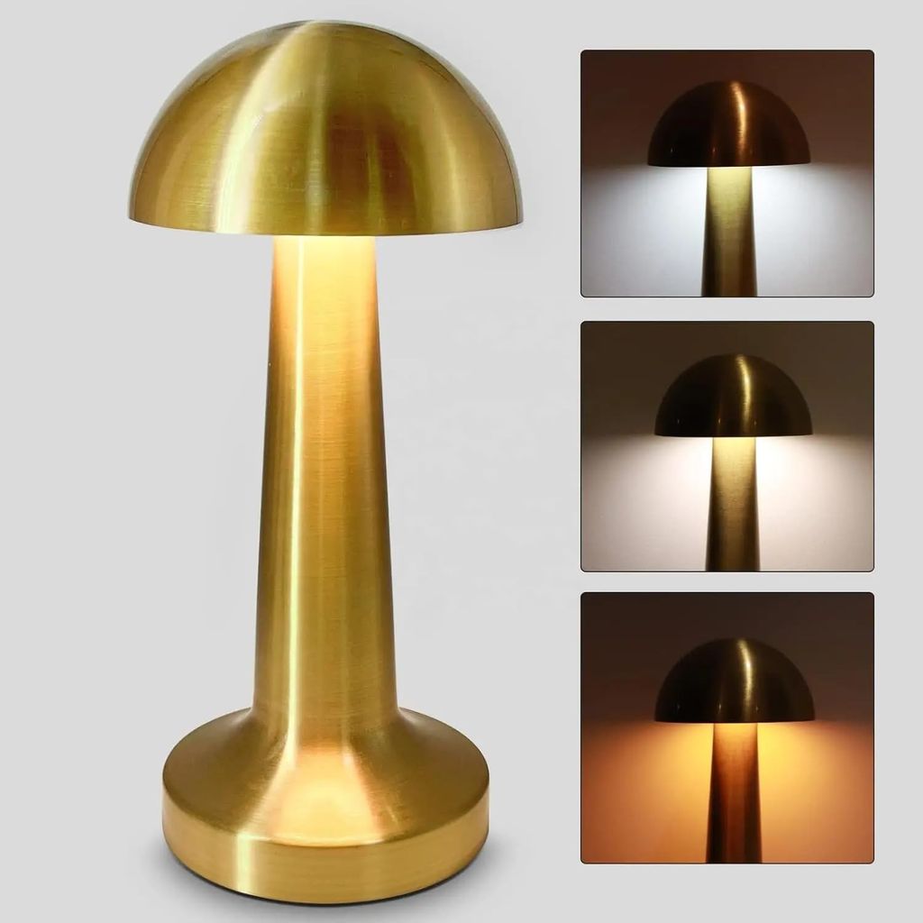 HARBAK,Gold Mushroom Dimmable Rechargeable Table Lamp with 3-Colour Light