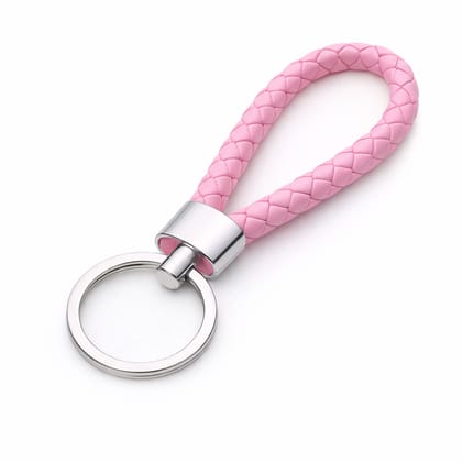 4 Pcs Braided Leather Keychain Set – Pink Woven PU Leather Key Rings with 360° Rotatable Ring for Car, Bike & Home Keys (Pack of 4)