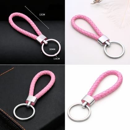 4 Pcs Braided Leather Keychain Set – Pink Woven PU Leather Key Rings with 360° Rotatable Ring for Car, Bike & Home Keys (Pack of 4)