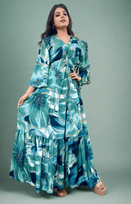 Green Floral Foil Printed Long Dress-S